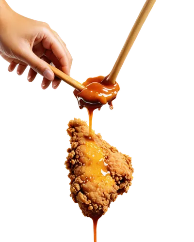 Crispy fried chicken tender, juicy meat, golden brown skin, dipping sauce on side, wooden stick, close-up shot, shallow depth of field, warm lighting, soft focus, mouthwatering, appetizing, detailed t