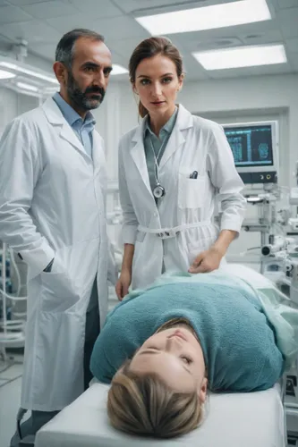 white detailed female doctor, fit body, beautiful face, blue eyes, oval face, sharp eyes. looking down to the sleeping patient ,female doctor,obstetric ultrasonography,sci fi surgery room,medical prof