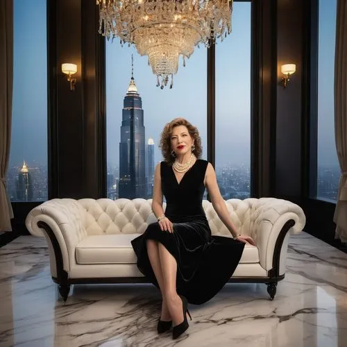 Modern nvcc interior design, luxurious living room, mature lady, elegant pose, red lipstick, curly brown hair, pearl necklace, black evening dress, high heels, sitting on a velvet sofa, marble floor, 