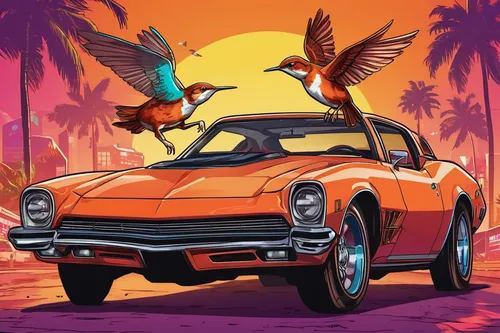 roadrunner,muscle car cartoon,phoenix,t bird,thunderbird,fire birds,taco mouse,bird of paradise,tropical birds,pontiac ventura,passenger gazelle,fast bird,cartoon car,retro background,corvette,ford maverick,hood ornament,bird bird kingdom,falcon,crash-land,Illustration,Vector,Vector 19