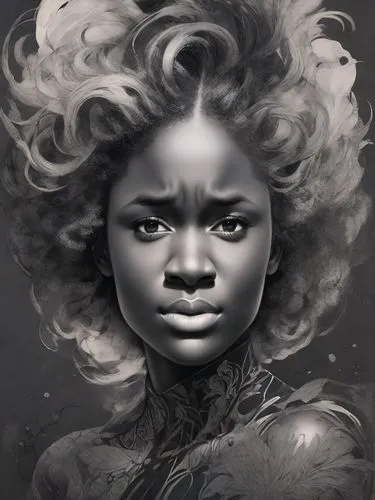 graphite,fantasy portrait,african woman,black woman,african american woman,digital painting,mystical portrait of a girl,charcoal pencil,afro-american,afro american,charcoal drawing,sculpt,bjork,afro american girls,woman portrait,afro,black skin,afroamerican,nigeria woman,black landscape