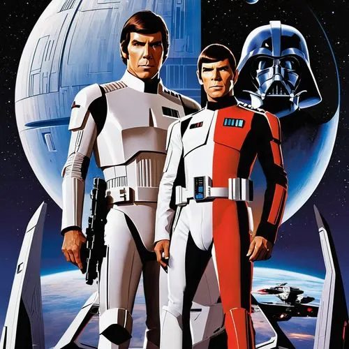 Star Wars Movie poster, A clone pilot in ARC-170 standing next to Spock from Vulcan, star wars, deathstar in back,two star wars characters standing next to each other,deathstars,thrawn,katarn,dameron,