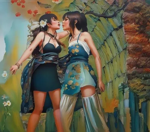 chinese art,two girls,oriental painting,photo painting,floral greeting,kiss flowers,oil painting on canvas,art painting,fantasy art,fantasy picture,bodypainting,girl kiss,pin-up girls,oil painting,secret garden of venus,mural,3d fantasy,social,world digital painting,perfume,Illustration,Paper based,Paper Based 04