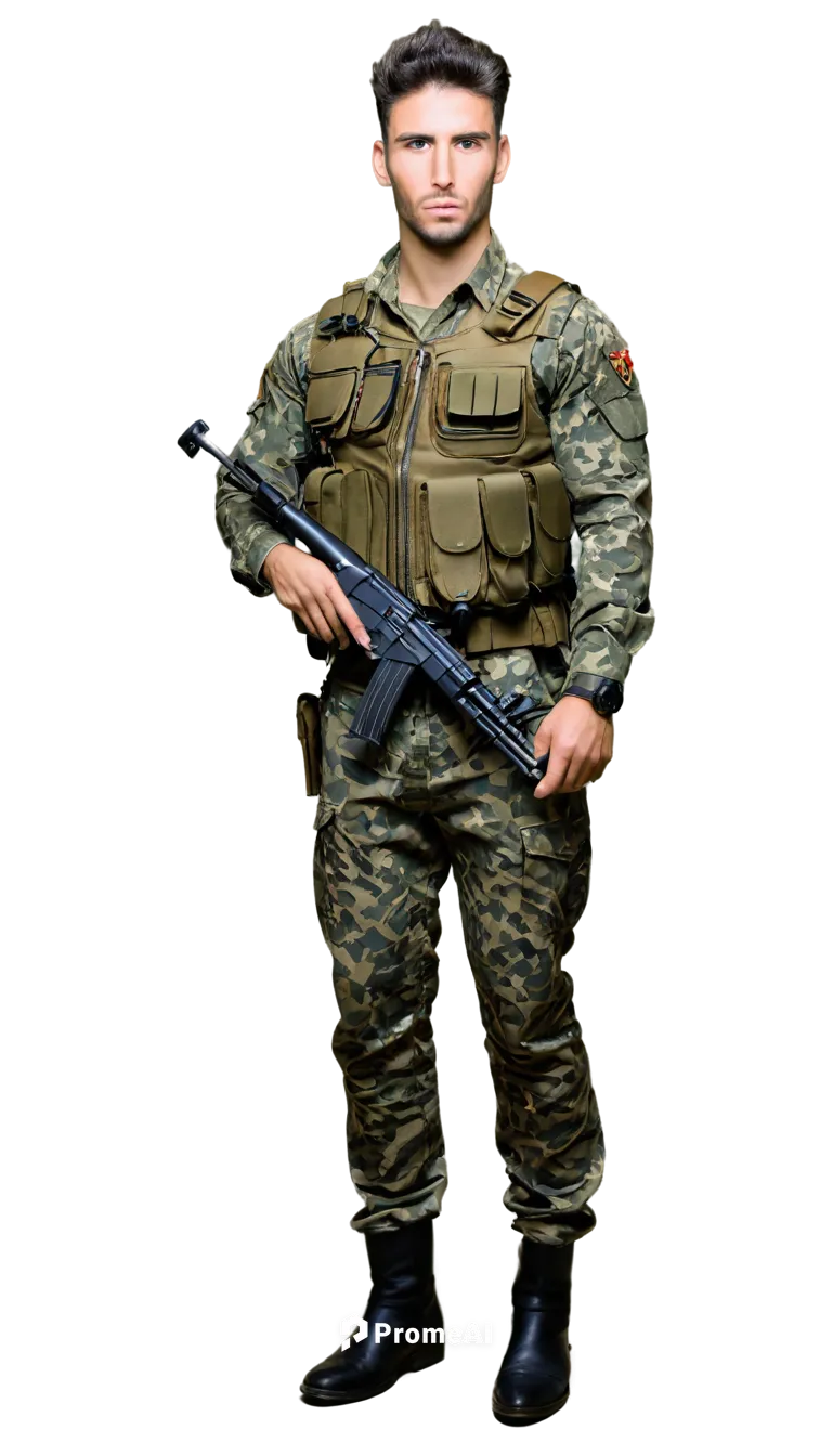 Muscular man, military uniform, strong facial features, short black hair, piercing brown eyes, camouflage pants, black boots, holding AK47 rifle, standing pose, 3/4 composition, dramatic lighting, cin