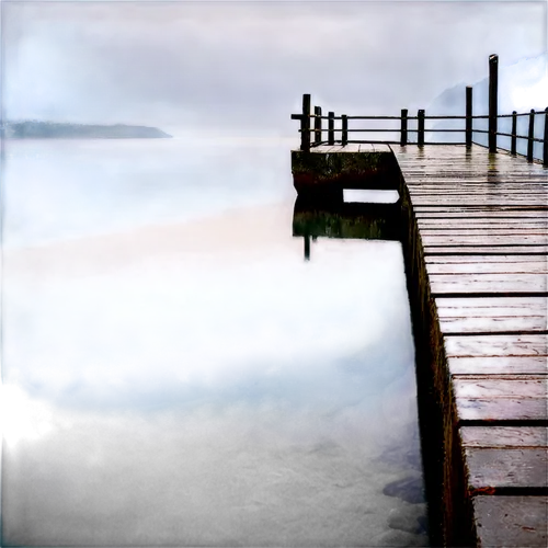 wooden pier,dock,old jetty,jetty,fishing pier,old pier,dock on beeds lake,docks,boat dock,wooden bridge,undock,slipway,foggy landscape,mists,sea of fog,boardwalks,burned pier,quietude,boardwalk,sea landscape,Illustration,Realistic Fantasy,Realistic Fantasy 24