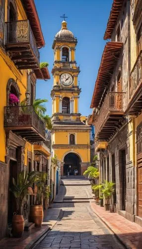 Ecuadorian architecture, colorful colonial style, ornate wooden doors, intricate stone carvings, vibrant ceramic tiles, grandiose staircases, ornamental balconies, lush greenery, tropical flowers, pal