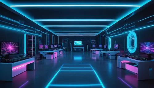 OpenAI DALL-E 2 Free, futuristic AI lab interior, sleek modern architecture, metal beams, neon lights, rows of computer servers, holographic screens, robotic arms, coding screens, virtual reality head