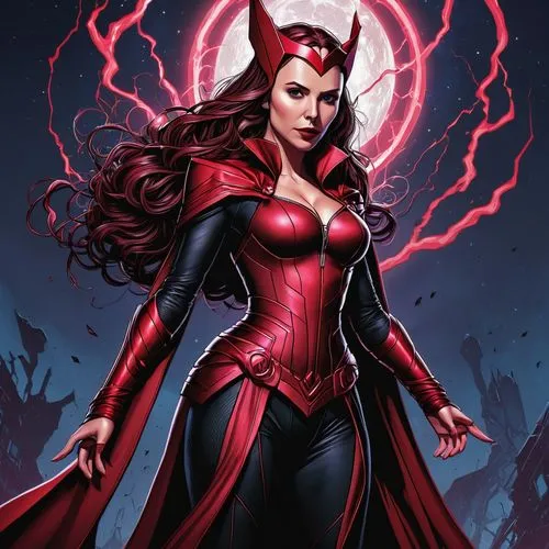 scarlet witch,darth talon,devil,evil woman,red super hero,red,goddess of justice,wanda,the enchantress,huntress,avenger,fantasy woman,daredevil,archangel,cg artwork,power icon,satan,evil fairy,fran,head woman,Illustration,Realistic Fantasy,Realistic Fantasy 25