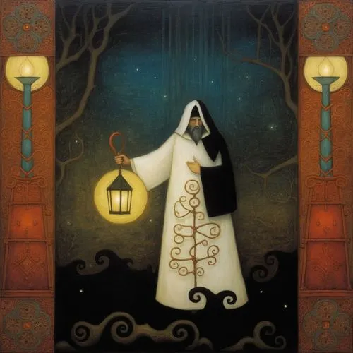 a religious artwork with the image of a nun carrying a lantern,the nun,arabic background,prioress,befana,sorceress,foundress,Illustration,Abstract Fantasy,Abstract Fantasy 09