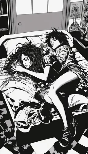 the girl is lying on the floor,playmat,sleeping room,checkered floor,clamp,sleeping,duvet cover,napping,bed,lying down,futon,bedding,bad dream,bedroom,comic style,sleep,waterbed,pillow fight,lay down,unconscious,Illustration,American Style,American Style 06