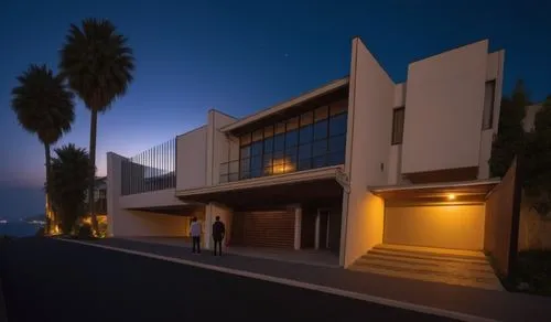 two people stand outside an elegant modern house,mid century house,fresnaye,neutra,house silhouette,art deco,eichler,dunes house,midcentury,modern house,townhomes,mid century modern,corbu,beach house,