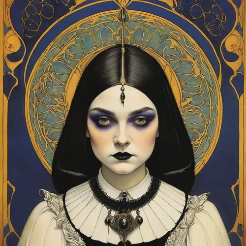 gothic portrait,priestess,vampira,goth woman,cleopatra,gothic woman,fantasy portrait,seven sorrows,pierrot,art deco woman,violet head elf,crow queen,art nouveau,the enchantress,vampire woman,tarot,queen of the night,vampire lady,voodoo woman,gothic,Illustration,Retro,Retro 19