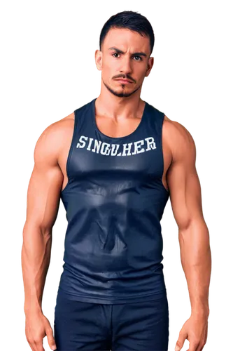 Muscular man, wrestler, solo, (25yo), intense facial expression, sweat droplets, short hair, mustache, tattoos on arms, wrestling singlet, ripped muscles, flexing pose, dramatic lighting, 3/4 composit