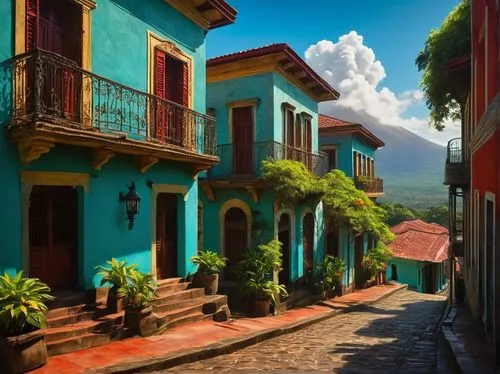 Colorful Honduran colonial architecture, vibrant turquoise walls, ornate wooden doors, intricate stone carvings, red-tiled roofs, balconies with ironwork railings, lush greenery overflowing from windo