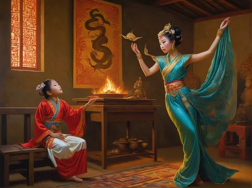 oriental painting,chinese art,fire artist,asian culture,fire dance,joss stick,the annunciation,orientalism,snake charmers,golden candlestick,oriental princess,oriental,taiwanese opera,indian art,asian lamp,korean culture,romantic scene,offerings,dancing flames,khokhloma painting,Illustration,Realistic Fantasy,Realistic Fantasy 22