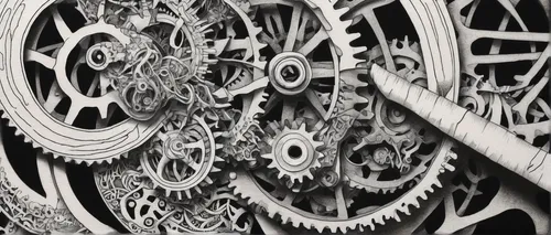 cogs,steampunk gears,gears,cogwheel,biomechanical,clockwork,derailleur gears,cog wheels,machinery,intricate,half gear,mechanical puzzle,clockmaker,kinetic art,spiral bevel gears,radial,mandelbulb,ship's wheel,iron wheels,mechanical,Illustration,Black and White,Black and White 11