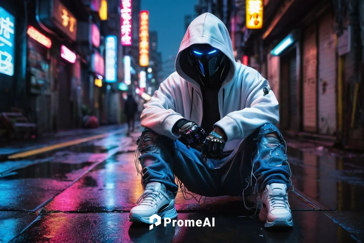 noob, SaiBot, robot, futuristic, shiny metal, glowing blue eyes, messy silver hair, casual wear, white hoodie, ripped jeans, sneakers, sitting, crossed legs, urban cityscape, Tokyo streets, neon light