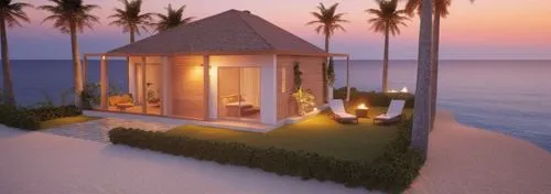 "Mejorar la imagen de una casa en la playa añadiendo detalles de alta calidad y realismo. Incluir un cielo al atardecer con tonos cálidos de naranja y rosa, reflejando la luz en las ventanas de la cas