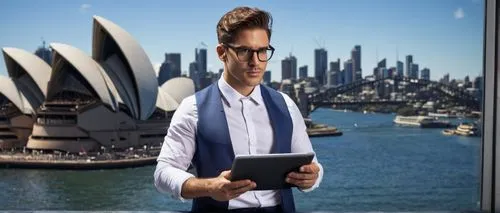 Modern architectural designer, male, 30s, bespectacled, short brown hair, formal attire, white shirt, black tie, dark blue suit, holding a tablet, standing in front of a large window, Sydney cityscape