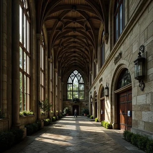 Rustic university campus, weathered stone walls, Gothic architecture, pointed arches, ribbed vaults, intricate stone carvings, moss-covered facades, grand hallways, ornate chapels, stained glass windo