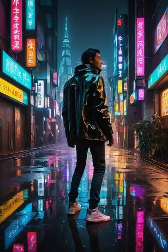 cyberpunk,tokyo,pedestrian,tokyo city,music background,world digital painting,hong kong,shanghai,spotify icon,taipei,walking in the rain,would a background,cg artwork,2d,hk,neon arrows,neon lights,80s,shinjuku,urban,Art,Artistic Painting,Artistic Painting 20