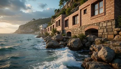 Rugged coastal scenery, crashing waves, salty sea air, weathered brick facades, robust masonry, textured stone walls, durable mortar joints, reinforced foundations, storm-resistant windows, protective