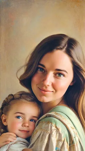 Portrait of a young brown-haired mother with a three-year-old blond daughter. The daughter hugs her mother's neck. They take selfies and smile. Image in the style of Rafael Santi.,jesus child,mary 1,l