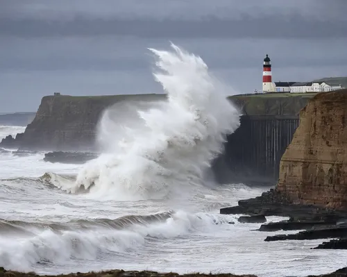 Huge waves hit the North East coast of England at Seaham in County Durham this morning as Storm Atiyah strikes the UK,tynemouth,stormy sea,storm surge,north sea coast,sea storm,whitby,petit minou ligh