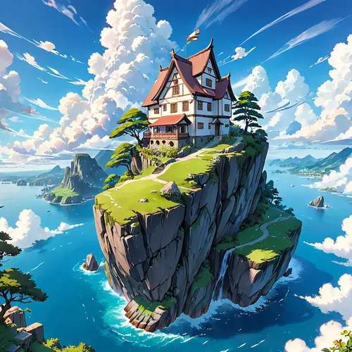 studio ghibli,flying island,house by the water,house of the sea,floating island,house in mountains,summit castle,house in the mountains,house with lake,peninsula,home landscape,fairy tale castle,sky apartment,knight's castle,seaside resort,little house,fairytale castle,roof landscape,mushroom island,lonely house,Anime,Anime,Realistic