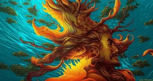 burning tree trunk,samudra,colorful tree of life,poseidon,flame spirit,burning bush,god of the sea,flourishing tree,fire and water,dancing flames,fire breathing dragon,phoenix rooster,tree torch,eruptive,erupting,coral swirl,tangaroa,fractals art,fire background,sea god,Illustration,Realistic Fantasy,Realistic Fantasy 25