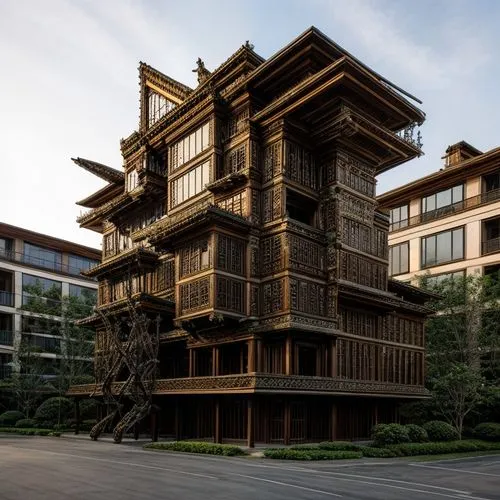 chinese architecture,timber house,wooden construction,asian architecture,wooden facade,japanese architecture,apartment building,cubic house,residential tower,stilt house,wooden house,cube stilt houses,tree house hotel,tree house,wood structure,wooden sauna,apartment block,multi-story structure,half-timbered,apartment complex,Architecture,Commercial Residential,Southeast Asian Tradition,Balinese Style