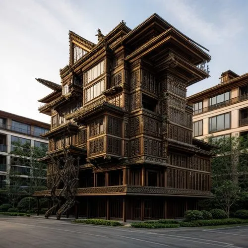 chinese architecture,timber house,wooden construction,asian architecture,wooden facade,japanese architecture,apartment building,cubic house,residential tower,stilt house,wooden house,cube stilt houses