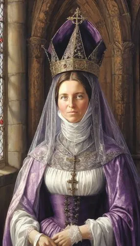 (((A tall and narrow Gothic cone "Wimple Hennin Purple & Black" with decoration on the woman's head: 1,5 +++, the forehead and temples are wrapped in dark cloth: 1,4+++, on the Gothic cone "Cross tree