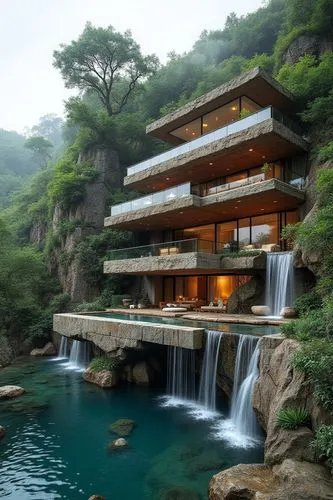 fallingwater,amanresorts,house in mountains,house in the mountains,hushan,luxury property