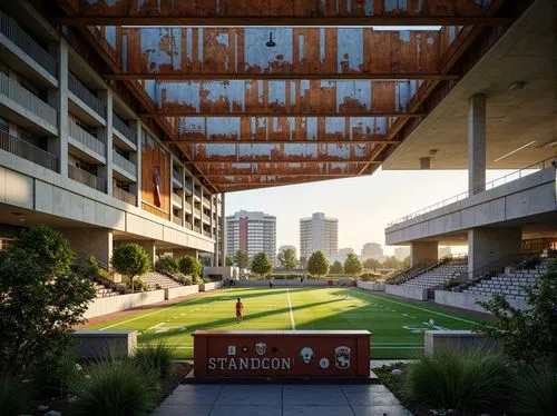 Vibrant stadium, expressionist architecture, bold concrete structures, rough stone walls, rusty metal beams, distressed wood accents, abstract geometric patterns, dynamic lighting effects, intense col