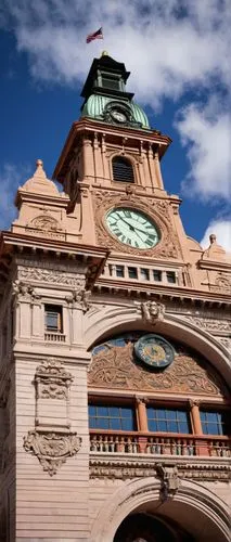 Denver Union Station, historic landmark, Beaux-Arts architecture, grandeur entrance, copper dome, intricate stone carvings, ornate details, clock tower, bustling streets, urban landscape, modern skysc