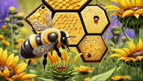 bee, insect, tiny wings, yellow and black stripes, furry body, busy flying, collecting nectar, flower fields, sunflowers, lavender, green meadow, warm sunlight, gentle breeze, rustic wooden beehive, h