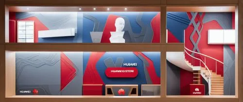 Create an innovative interior design for Huawei mobile store follows the modern style and palette colour is beige and grey and blue grey and dark red and wood,walk-in closet,search interior solutions,