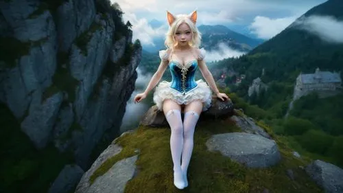 fionna,white fox,white rabbit,fantasy picture,garden-fox tail,alice in wonderland