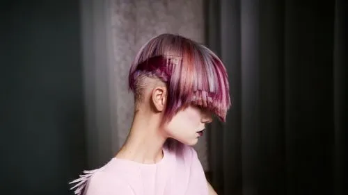 asymmetric cut,pink hair,hime cut,hair coloring,light purple,back of head,pink-purple,dusky pink,dark pink in colour,dark pink,fringed pink,artificial hair integrations,violet head elf,natural pink,pixie-bob,veil purple,layered hair,trend color,wing purple,retouch