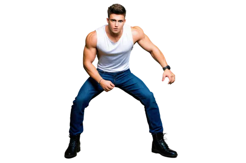 Muscular man, Descarga character, solo, (25yo), athletic build, short spiky hair, determined expression, white sleeveless shirt, dark blue jeans, black boots, energetic pose, intense gaze, dramatic li