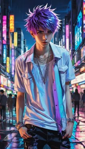 killua,cyberpunk,anime boy,killua hunter x,2d,ultraviolet,anime japanese clothing,neon light,tokyo city,shibuya,yukio,tokyo,purple wallpaper,neon lights,jin deui,ren,shinjuku,anime 3d,punk,80s,Conceptual Art,Sci-Fi,Sci-Fi 06