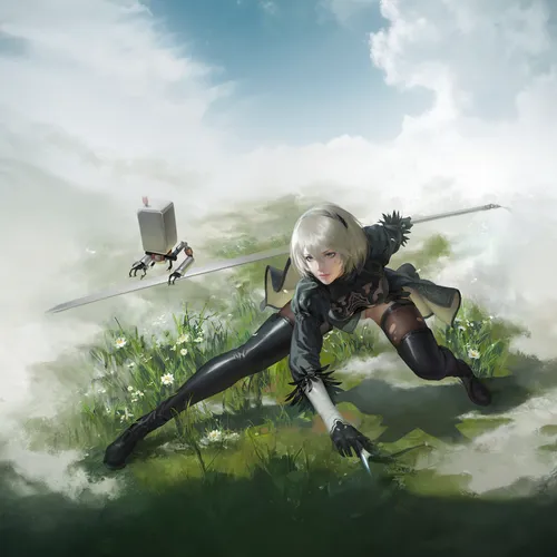 a200,game illustration,hunting scene,witcher,tiber riven,flying girl,swordswoman,huntress,plains,archer,lily of the field,game art,scythe,hunter's stand,piko,hunt,blade of grass,hunter,leap,animals hu