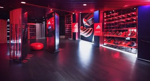 shoe store,walk-in closet,sports wall,red milan,game room,shoe cabinet,fitness room,nightclub,wall & ball sports,showcase,showroom,the coca-cola company,closet,indoor games and sports,coke machine,storefront,football equipment,great room,women's closet,music store,Photography,General,Realistic