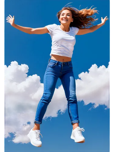 jeans background,leap for joy,jumping,jumpiness,exhilaration,plyometric,trampolinist,highflier,flying girl,trampoline,jumpshot,flying,jump,soarin,exhilarated,floating in the air,trampolining,be free,leaping,cheerfulness,Illustration,Realistic Fantasy,Realistic Fantasy 12