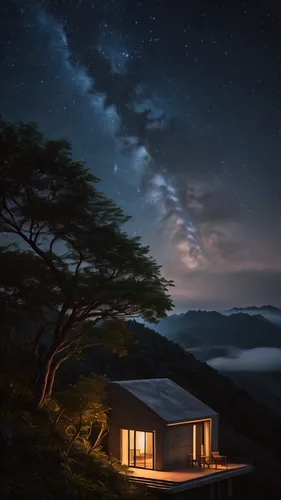 the cabin in the mountains,lonely house,small cabin,home landscape,evening atmosphere,holiday home,unhoused,japan's three great night views,night image,night scene,roof landscape,small house,house in mountains,the night sky,cabin,guesthouse,beautiful home,little house,night sky,starry sky,Photography,Documentary Photography,Documentary Photography 22