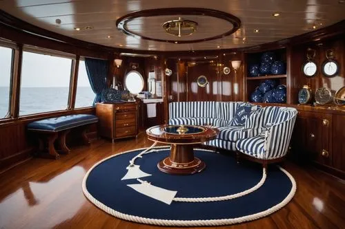 nautical themed room, luxury yacht interior, wooden paneling, porthole windows, navy blue and white stripes, anchor-shaped decorations, rope-patterned rug, leather captain's chair, vintage navigation 