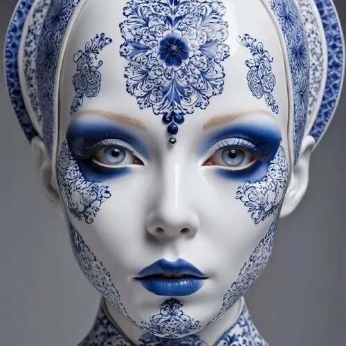 rankin,blue enchantress,body painting,bodypainting,bodypaint,porcelain dolls,porcelain,porcelaine,blue and white,body art,venetian mask,blue white,jingna,liara,mystique,woman face,concubine,the snow queen,royal blue,blueblood