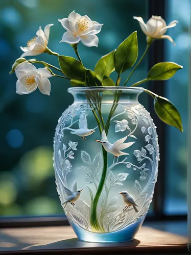 An opalescent Lalique-style glass vase decorated with birds in relief, sitting on a sunny windowsill and containing gardenia flowers. Photorealistic.,glass vase,flowering tea,cape jasmine,flower water