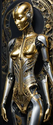 A human figure seamlessly merging with a futuristic machine, creating a striking contrast of gold and silver tones. The person's upper body has become an extension of the machine, as their hands morph